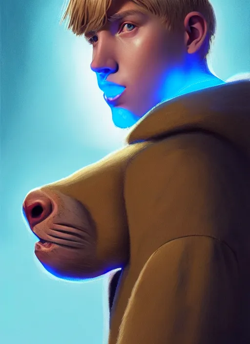 Image similar to portrait of high school senior boy named big moose, blonde short hair, jock, beefy, wide face, square jaw, square facial structure, blue varsity jacket with letter r, intricate, elegant, glowing lights, highly detailed, digital painting, artstation, concept art, sharp focus, illustration, art by wlop, mars ravelo and greg rutkowski