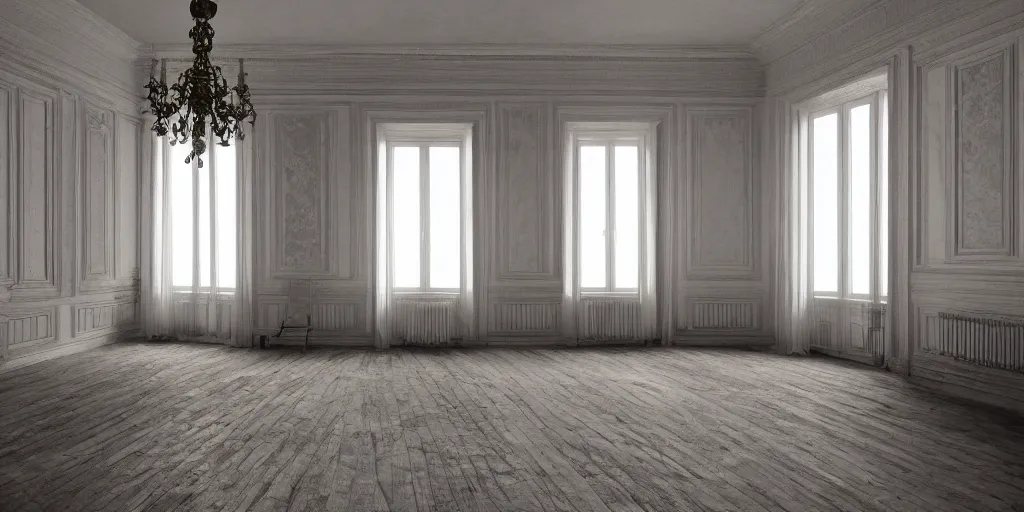 Image similar to empty room high ceiling, victorian, soft light, ominous, photorealistic, detailed, 8k