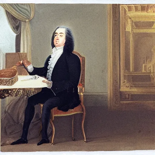 Image similar to colorized photo of G.F. Handel in powdered wig eating cake