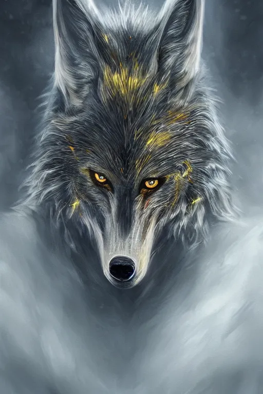 Image similar to ultra realist and ultra intricate detailed soft painting of a werewolf, from the waist up, symmetry features, yellow eyes, sensual gloomy style, volumetric clouds, foggy forest background, artstation, unreal render, depth of field