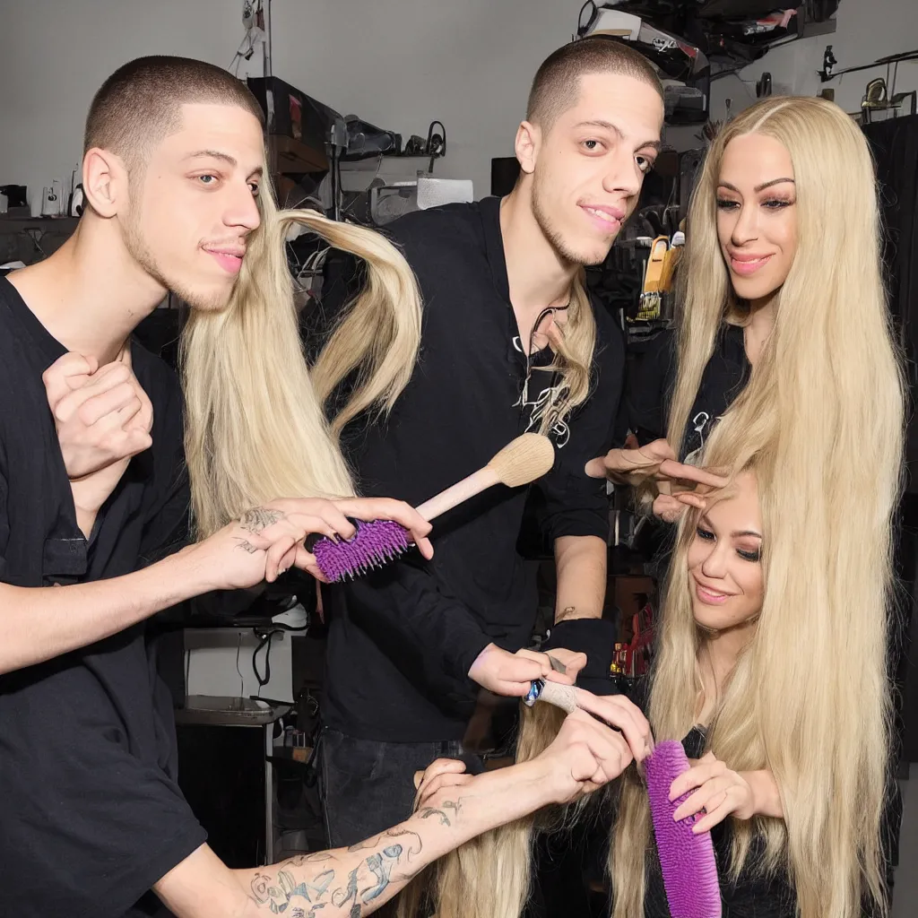 Image similar to pete davidson brushing jessica's long blond hair with a huge hairbrush, comically large hairbrush, ultra - realistic photograph