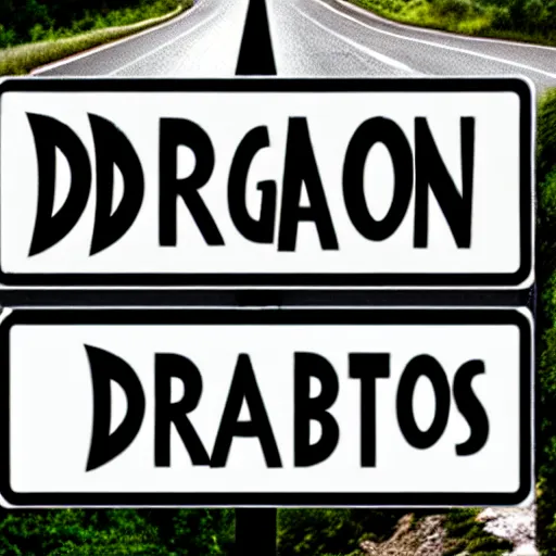 Prompt: road sign that says here be dragons,