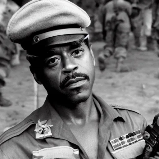 Image similar to black Robert Downey Jr as a soldier in Vietnam, award winning historical photograph