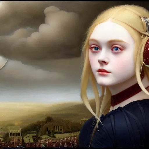 Prompt: Painting of Elle Fanning with an eyepatch and robot arm, long blonde hair, delicate, pale milky white porcelain skin, by Edmund Leighton. 8K. Extremely detailed.