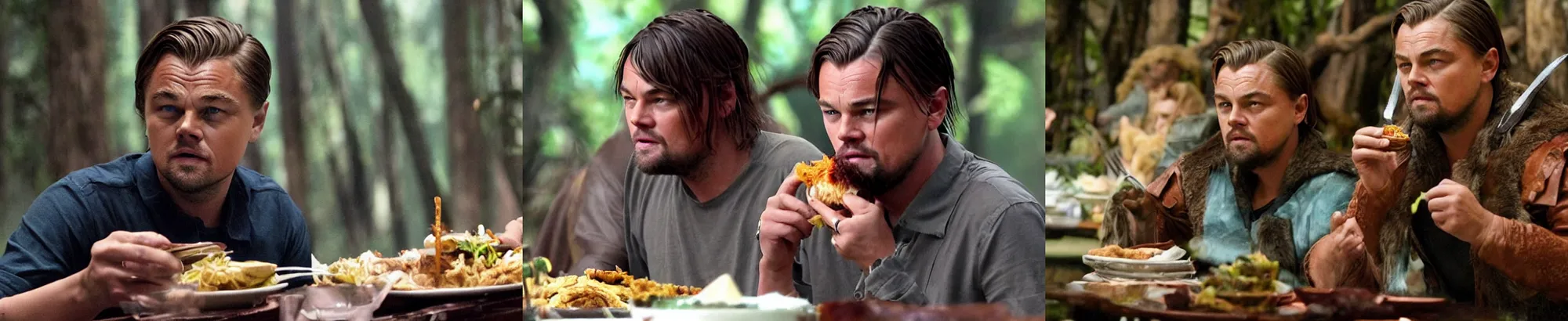 Prompt: leonardo dicaprio with fringe haircut eating food inside world of warcraft elwynn forest