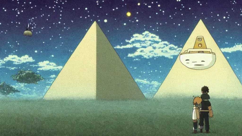 Image similar to a movie still from a studio ghibli film showing a floating large white pyramid with a gold gapstone, a grey alien, and a ufo on a misty and starry night. by studio ghibli