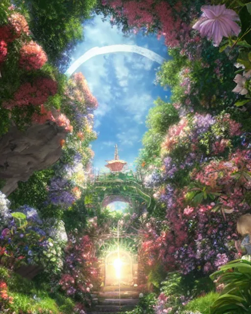 Image similar to portal to paradise, 8 k high definition, advanced technology, beams of energy, pathway, flowers, machines, perfect relationship, love, masterpiece, art by akihiko yoshida, antilous chao, woo kim