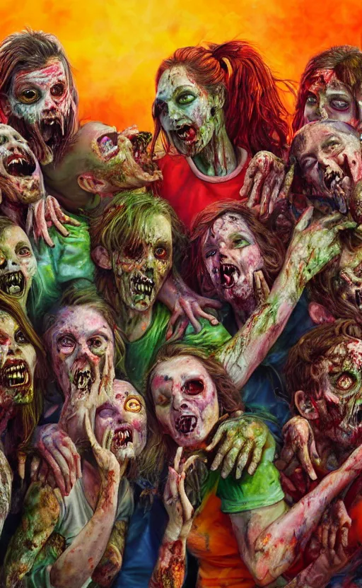 Prompt: beautiful detailed photorealistic painting of a group of friends dressed as zombies on holiday. the friends are happy and having fun. vibrant, high quality, vibrant colors, very funny, beautiful, hq. hd. 4 k. award winning. trending on artstation