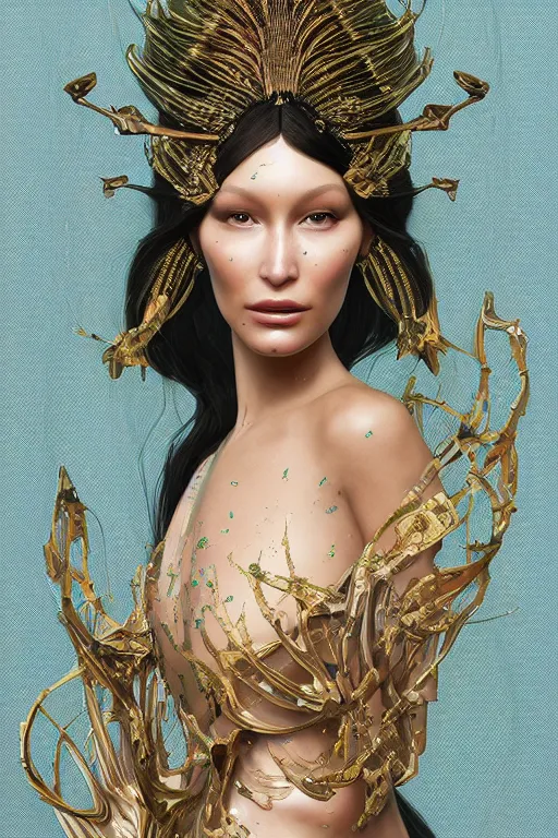 Image similar to a highly detailed painting of a beautiful alien goddess bella hadid in iris van herpen dress schiaparelli in diamonds in style of alphonse mucha art nuvo trending on artstation made in unreal engine 5