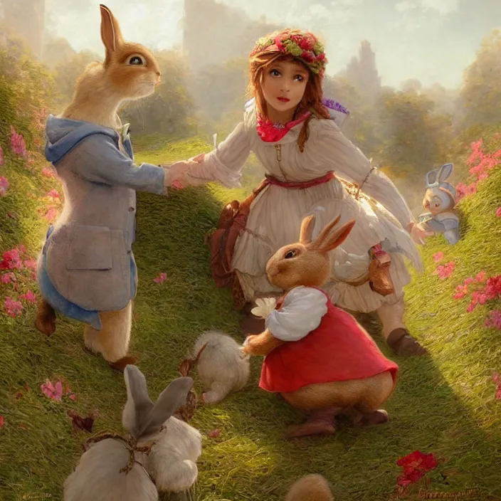 Prompt: babs and buster bunny in peter rabbit, digital art by eugene de blaas and ross tran, vibrant color scheme, highly detailed, in the style of romanticism, cinematic, artstation, greg rutkowski