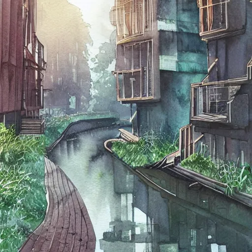 Prompt: Wooden footpath next to narrow canal between buildings in beautiful overgrown futuristic sci-fi city in harmony with nature. Nice colour scheme, soft warm colour. Beautiful detailed watercolor by Lurid. (2022)