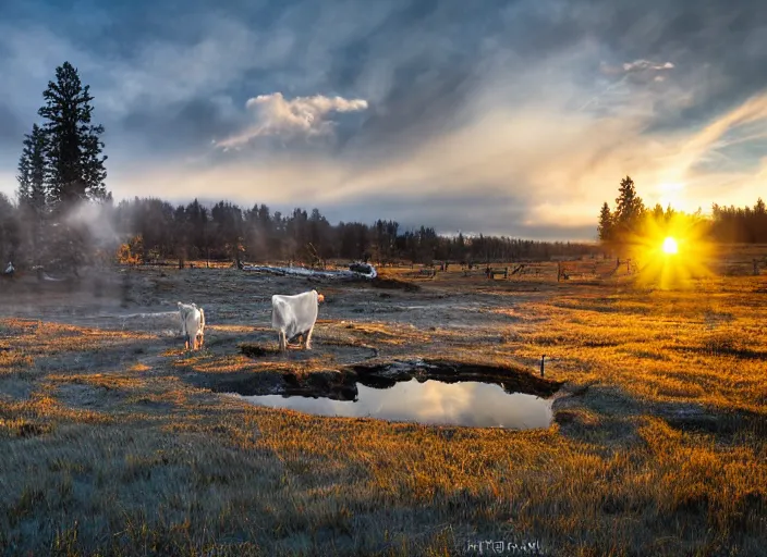 Prompt: nordic mire, ice sculpture of a 1 9 th century farming woman milking a cow, scenic sunrise, hdr, photorealism, mist, enchanting scenery, nikon d 8 5 0, wide lens, sigma 5 5