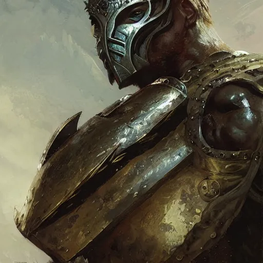 Image similar to a fierce and muscular male warrior in full armor, fantasy character portrait by greg rutkowski, gaston bussiere, craig mullins, simon bisley