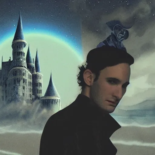 Prompt: portrait of the sandman morpheus ， no beard tom sturridge, and eyes like stars, rules dream world, with dream kingdom in the background,, wearing dark cloak, digital art, - n 9