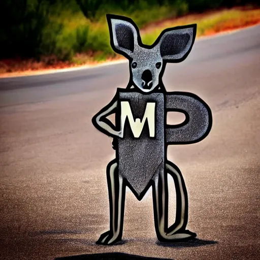 Prompt: a kangaroo holding a sign made out of steel with the word the letters'w ','e ','l ','c ','o ','m ','e'carved on it, digital art