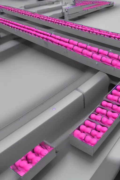 Prompt: Factory Conveyor Belt of Pink Vials, photorealistic, ultra detailed, 4k