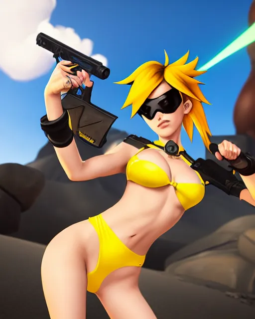 Image similar to tracer game character, in yellow bikini, blonde hair, black eyes, full height
