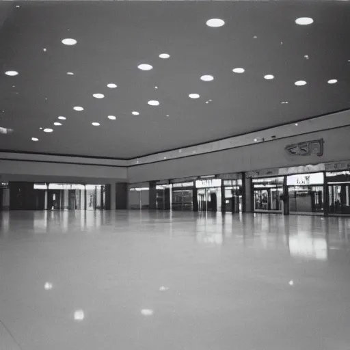 Image similar to A creepy photo of an empty mall from the 1980s, disposable film, flash photography