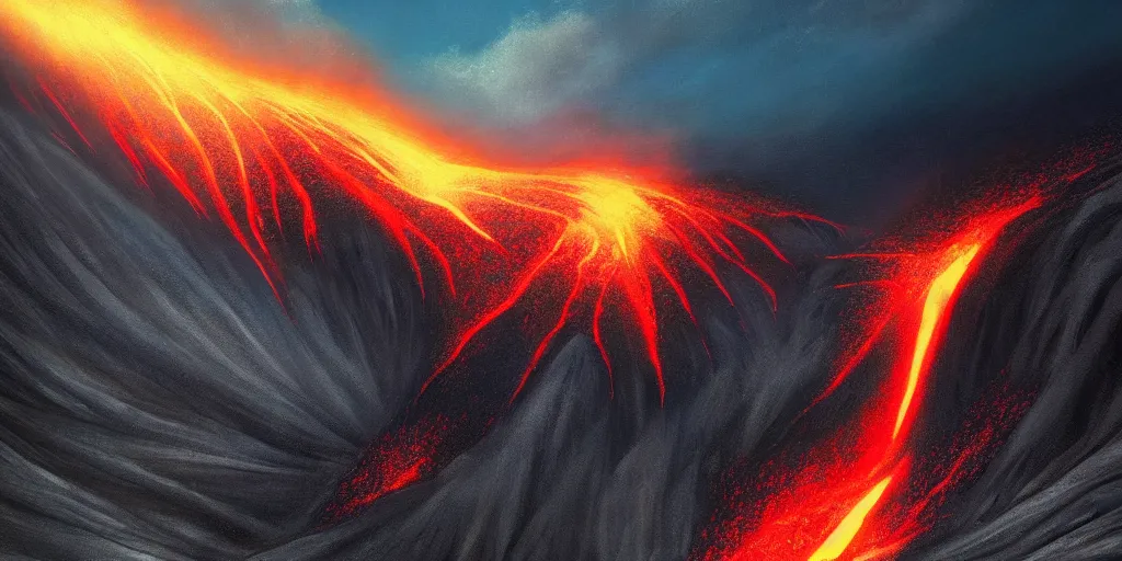 Prompt: a beautiful painting of a volcano erupting, lava sliding down the mountain to a primitive village, wide angle, super highly detailed, professional digital painting, artstation, concept art, smooth, sharp focus, no blur, no dof, extreme illustration, Unreal Engine 5, Photorealism, HD quality, 8k resolution, cinema 4d, 3D, beautiful, cinematic, art by artgerm and greg rutkowski and alphonse mucha and loish and WLOP