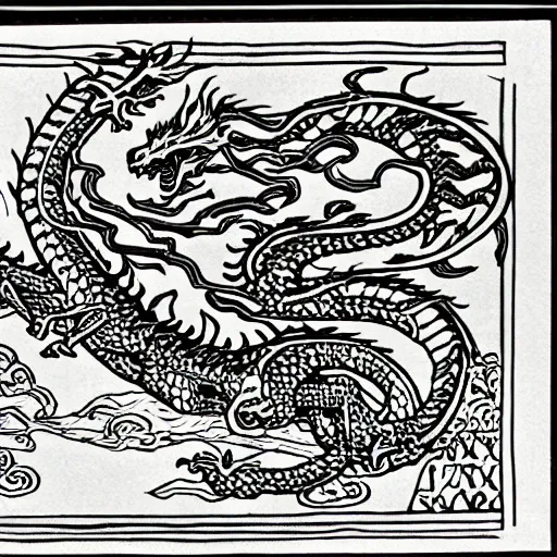 Prompt: a seven headed dragon in the style of a black and white xylography