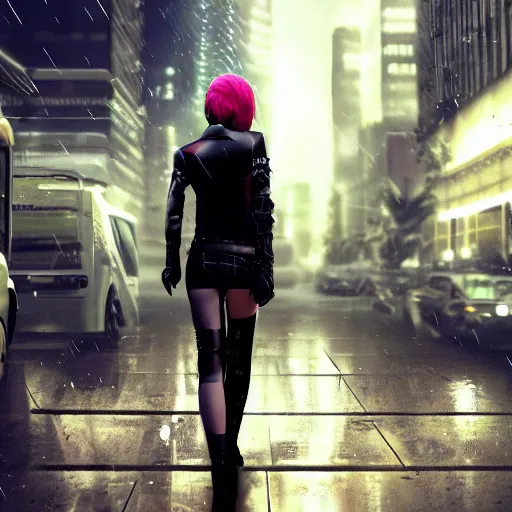 Prompt: female hacker assassin, cyberpunk city, rain, night,