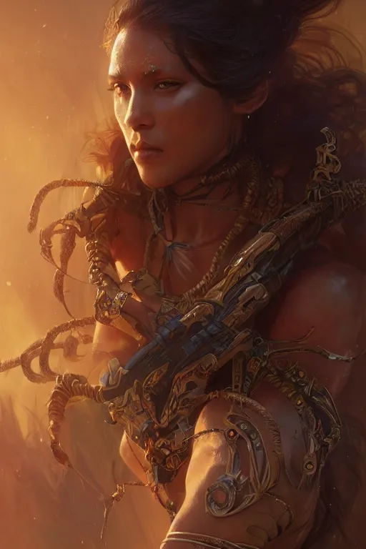 Image similar to portrait of a female Amazon warrior looking fierce, sci-fi, fantasy, intricate, dramatic lighting elegant, highly detailed, digital painting, artstation, octane render, unreal engine, concept art, smooth, sharp focus, art by artgerm and greg rutkowski and alphonse mucha