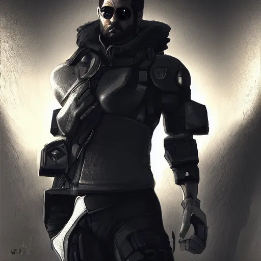 Image similar to Adam Jensen from Deus Ex as Gigachad, by Cedric Peyravernay, highly detailed, surrealism, excellent composition, cinematic concept art, dramatic lighting, trending on ArtStation