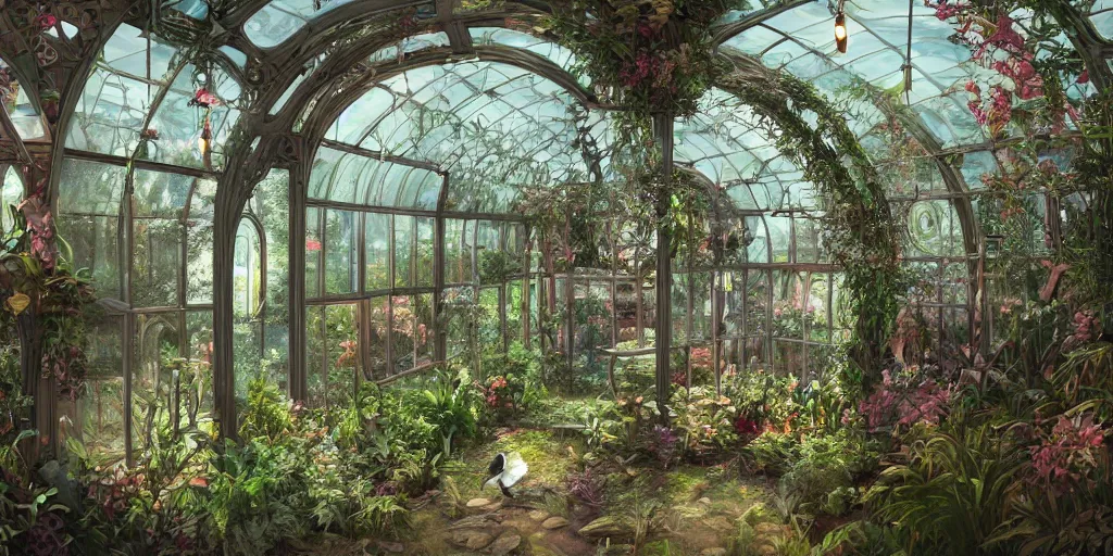 Prompt: glass greenhouse, lost world, birds, flowers, fairy tale, evening lights, highly detailed, low angle view, artstation, mysterious, comfort, in the style of aetherpunk