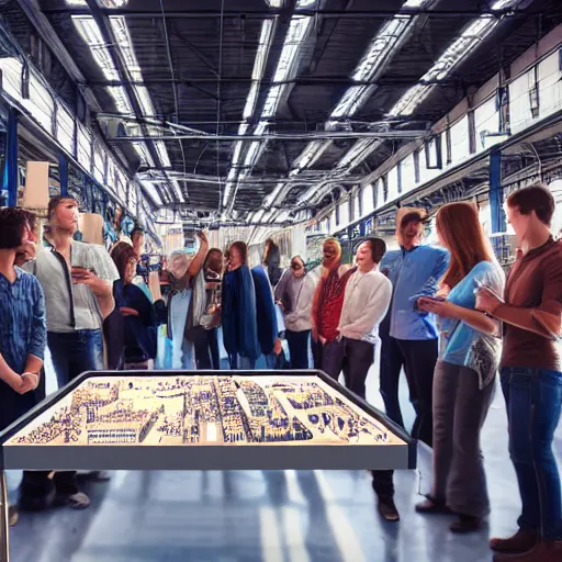 Image similar to crane shot of large group people in open warehouse, looking at hologram of futuristic city on a table, cinematic still, godrays, golden hour, natural sunlight, 4 k, clear details, tabletop model buildings, tabletop model, ethereal hologram center, crane shot, crane shot, rule of thirds, people, people