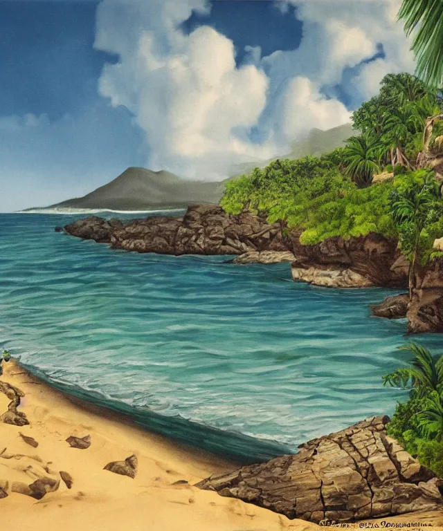 Image similar to photorealistic painting of turtle bay beach jamaica, sharp cliffs, island with cave, dark, atmospheric, brooding, smooth, finely detailed, cinematic, epic, in the style of clyde caldwell