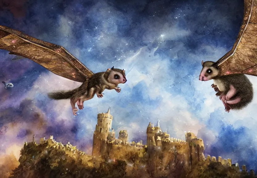 Image similar to epic winged possum flying over a medieval castle under a dark starred sky, dark fantasy, watercolor, dreaming illusion, highly detailed, 4k, trending on Artstation, award-winning