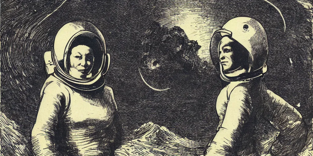 Prompt: portrait of a slim woman wearing a space helmet on an alien planet, clouds visible, stars in the sky, mountains, etching, in the style of Goya
