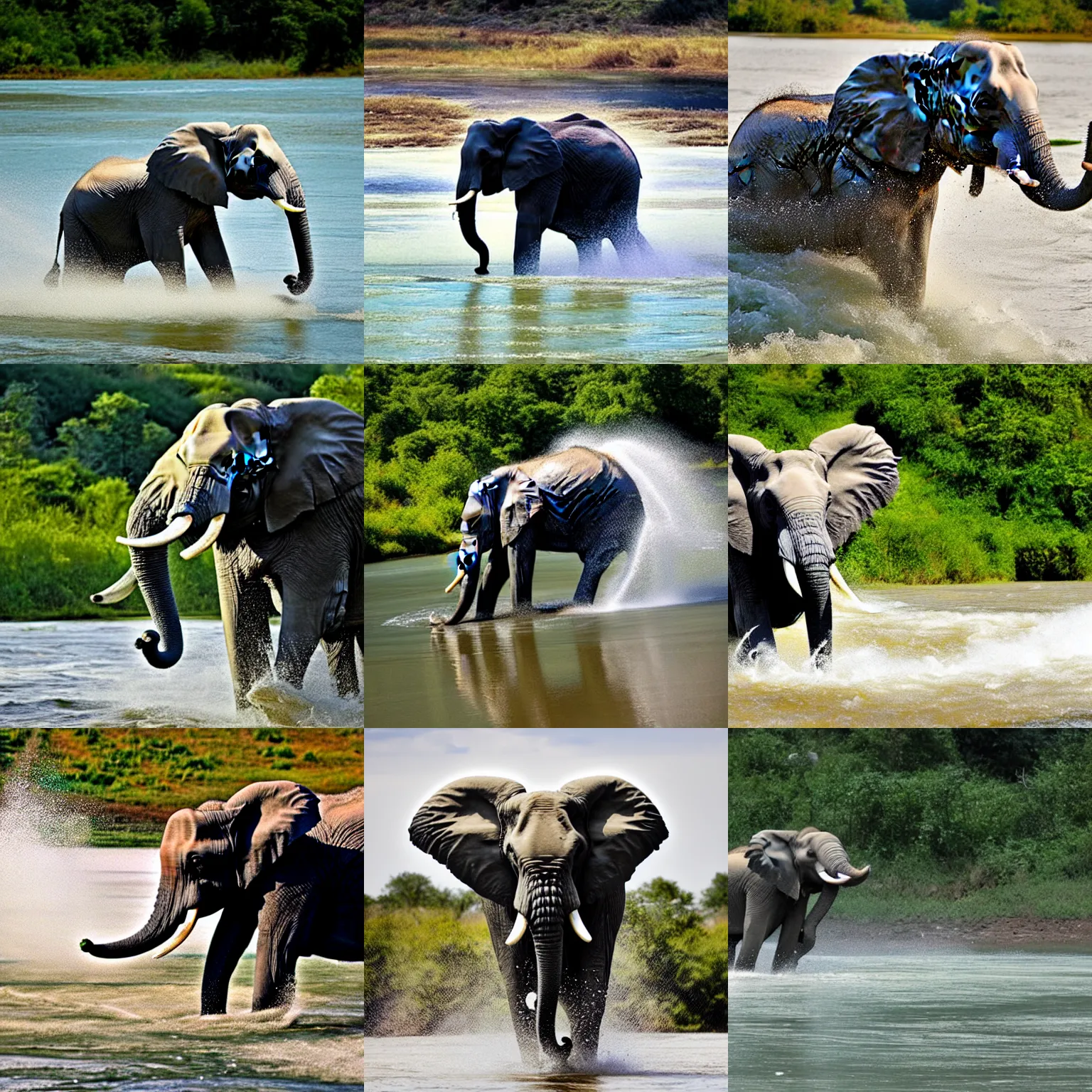 Prompt: elephant raging across a river