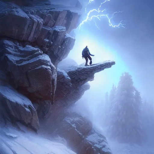 Image similar to climber, extreme cold, storm, octane rendering, volumetric lightning, hyperrealism, no blur, 4 k resolution, ultra detailed, style of ivan shishkin, tyler edlin, anato finnstark