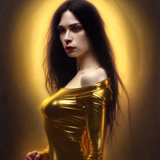 Prompt: Portrait of a beautiful pale skin Eastern European female with long black hair, dark eyes, elegant clothing, photorealistic, highly detailed, artstation, smooth, sharp focus, gold ornaments, neon lighting, sci-fi, art by Klimt, artgerm, Greg Rutkowski and Alphonse Mucha