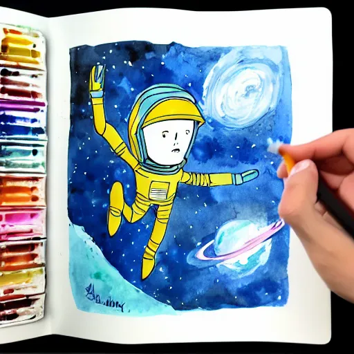 Prompt: space cadet ventures into the unknown galaxy, watercolor, thick lines, the little prince, 4 k, dramatic,