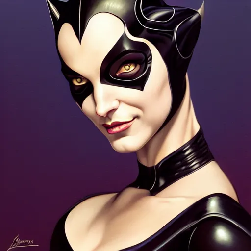 Image similar to symmetry!! front - faced portrait of catwoman, intricate, elegant, highly detailed, my rendition, digital painting, artstation, concept art, smooth, sharp focus, illustration, art by artgerm and greg rutkowski and alphonse mucha