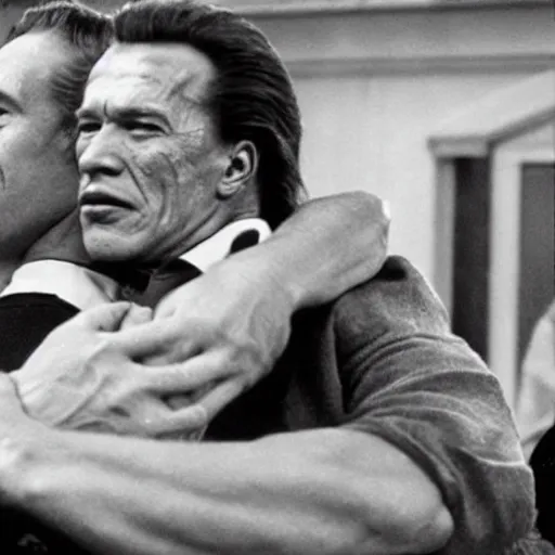 Prompt: Vincent Price holding Arnold Schwarzenegger in a headlock