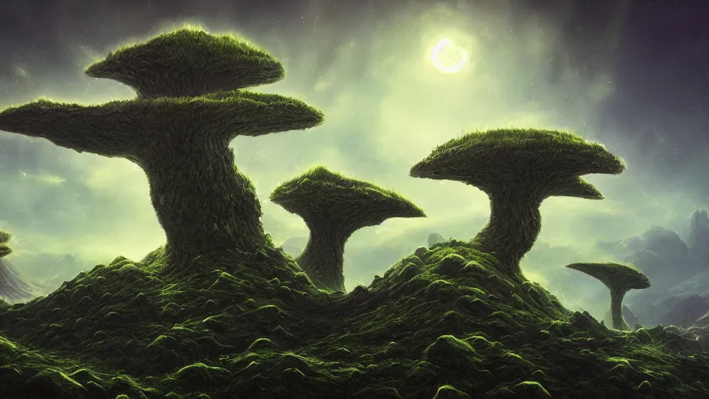 Prompt: gediminas pranckevicius an alien landscape view, alien sky, star in the sky, alien waterfall, weird alien trees, alien mountains, epic composition, 4 k, detailed, realistic