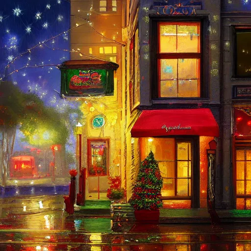 Image similar to a painting of a street corner in Haight neighborhood with a coffee shop covered in christmas lights, by Tyler Edlin, behance contest winner, american scene painting, concept art, streetscape, rainy, cozy