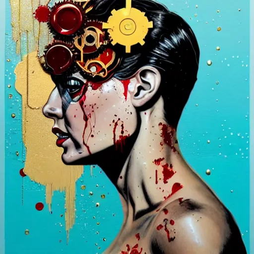 Image similar to portrait of britainwoman :: side profile :: in ocean :: clockwork details :: gold :: blood and horror :: by marvel and Sandra Chevrier