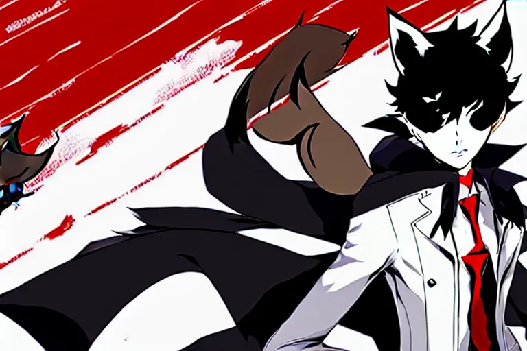 Image similar to persona 5 : royal ( by atlus ) video game splash screen, a furry male sandcolored tan fox fursona ( has hair ), persona 5 phantom thief style