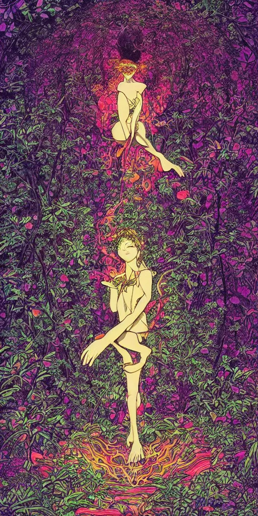 Image similar to A beautiful composition of a psychedelic glowing spirit animal psychonaut floating above a hedge maze, DMT, rich details full of texture, realistic eyes, artwork by Satoshi Kon and Yoshitaka Amano and Moebius