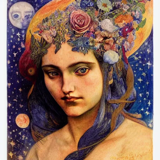 Prompt: queen of the moon with stars in her hair, by annie swynnerton and tino rodriguez and nicholas roerich and lucien freud and jean delville, dramatic lighting, floral tattoos, rich colors, smooth sharp focus, extremely detailed, adolf wolfli