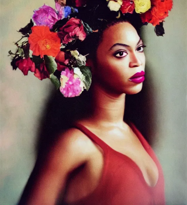 Image similar to Beyonce as a stunning young girl With flowers in her hair, fine art portrait photography by Sarah Moon