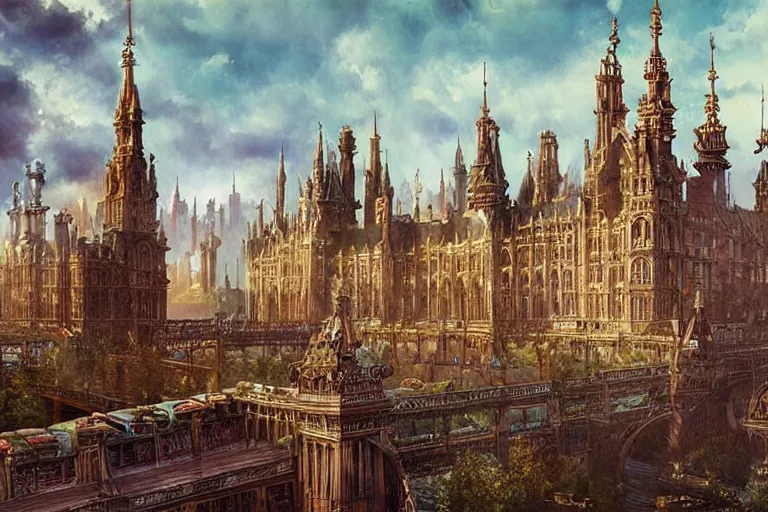 Image similar to a magnificent fantasy city. victorian-theme. photorealism.