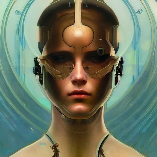 Image similar to portrait of a beautiful male android, coy, circuitry visible in head, in the style of ex machina, karol bak, alphonse mucha, greg rutkowski, award winning, hr giger, artstation