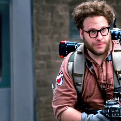 Prompt: Seth Rogen as a Ghostbuster in the movie Ghostbusters