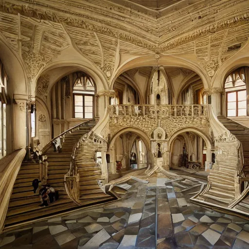 Prompt: a wide angle photo of the interior of a surreal castle with stairs everywhere, m c escher, amazing award winning masterpiece