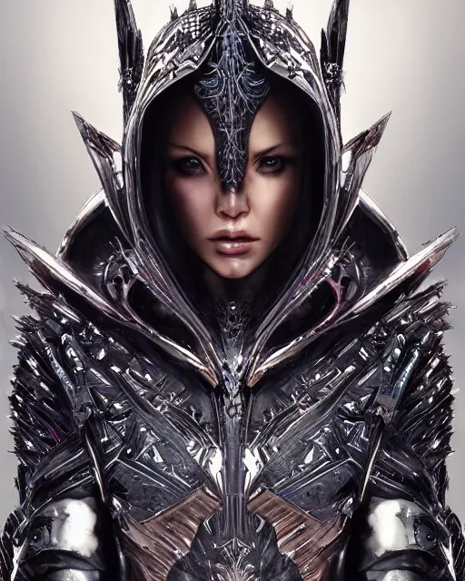 Prompt: the omnipotent assassin, vivid award winning digital artwork, intricate black sharp iridescent hooded semi - cybernetic armour, beautiful iridescent technology and weapon, long metal spikes, glowing skin face, detailed realistic, specular colors, gems and ornate royal, character art by greg rutkowski and artgerm